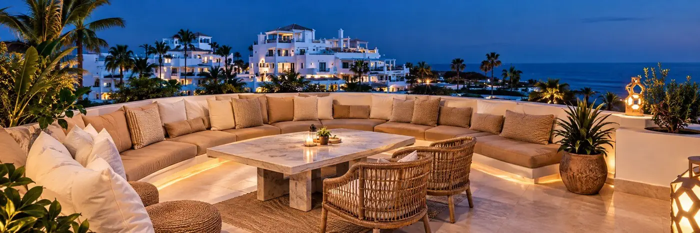 The camp villa’s outdoor lounge overlooking Marbella